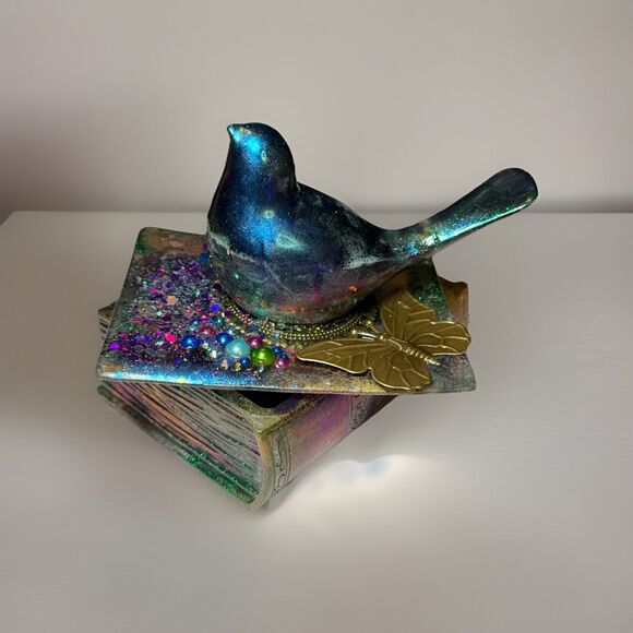 Ornate Fancy Galaxy Glitter Bird Storybook Jewelry Box Artisan Made